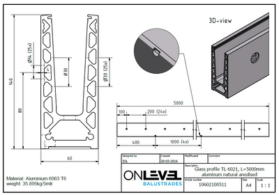 Onlevel TL 6021 Side-fixed frameless glazing channel